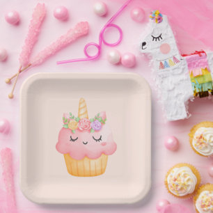 Niedlich Pink Cupcake Unicorn mit Rose Pappteller