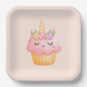 Niedlich Pink Cupcake Unicorn mit Rose Pappteller (Vorderseite)