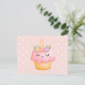 Niedlich Pink Cupcake Unicorn mit Rose Postkarte (Stehend Vorderseite)