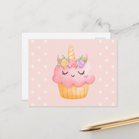 Niedlich Pink Cupcake Unicorn mit Rose Postkarte (Vorderseite/Rückseite Beispiel)