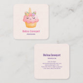 Niedlich Pink Cupcake Unicorn mit Rose Quadratische Visitenkarte (Vorne/Hinten)