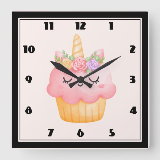 Niedlich Pink Cupcake Unicorn mit Rose Quadratische Wanduhr (Vorderseite)