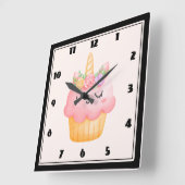 Niedlich Pink Cupcake Unicorn mit Rose Quadratische Wanduhr (Winkel)