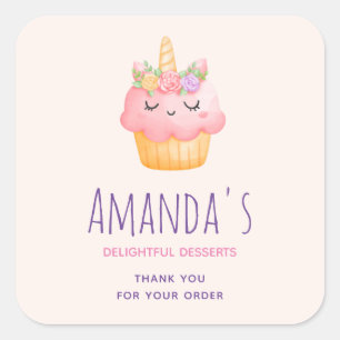 Niedlich Pink Cupcake Unicorn mit Rose Quadratischer Aufkleber