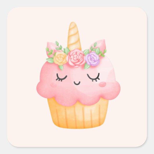 Niedlich Pink Cupcake Unicorn mit Rose Quadratischer Aufkleber (Vorderseite)