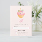Niedlich Pink Cupcake Unicorn mit Rose RSVP Karte (Stehend Vorderseite)