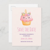 Niedlich Pink Cupcake Unicoron mit Rose Save the D Einladungspostkarte (Vorne/Hinten)