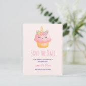 Niedlich Pink Cupcake Unicoron mit Rose Save the D Einladungspostkarte (Stehend Vorderseite)