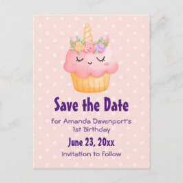 Niedlich Pink Cupcake Unicoron mit Rose Save the D Einladungspostkarte