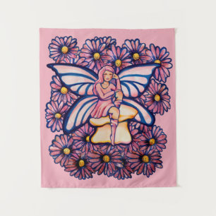 Niedlich Pink Daisy Fairy Mushroom Art Fairies Wandteppich