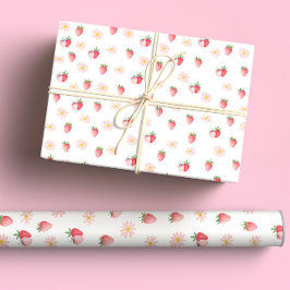 Niedlich Pink Daisy & Strawberries Pastell Wasserf Geschenkpapier