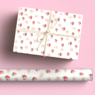 Niedlich Pink Daisy & Strawberries Pastell Wasserf Geschenkpapier