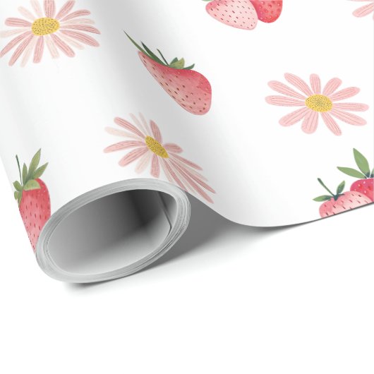 Niedlich Pink Daisy & Strawberries Pastell Wasserf Geschenkpapier (Rolleneckpunkt)