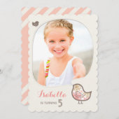 Niedlich Pink Damask Bird Foto Girl Birthday Einla Einladung (Vorne/Hinten)