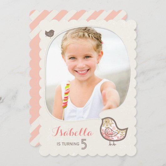 Niedlich Pink Damask Bird Foto Girl Birthday Einla Einladung (Vorne/Hinten)