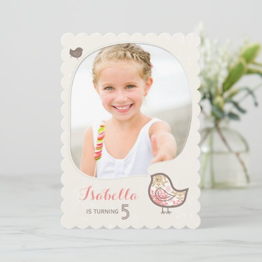 Niedlich Pink Damask Bird Foto Girl Birthday Einla Einladung (Stehend Vorderseite)