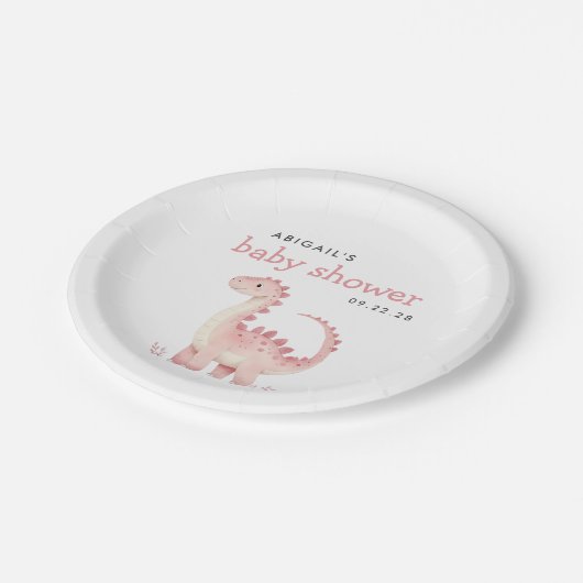 Niedlich Pink Dinosaur Girls Babydusche Pappteller (Schrägansicht)