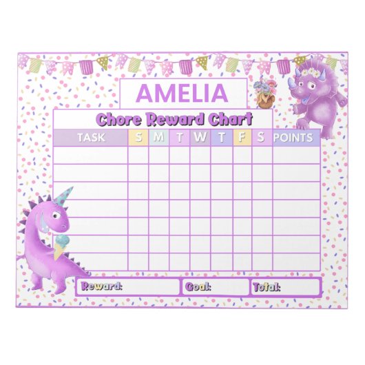 Niedlich Pink Dinosaurier Chore Rewards Chart Pers Notizblock (Vorderseite)