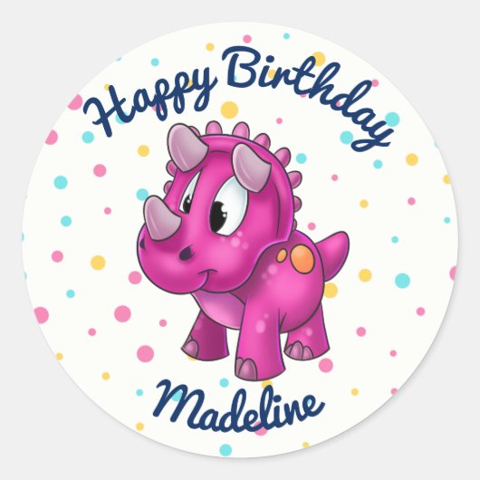 Niedlich Pink Dinosaurier Punkt Geburtstagsticker Runder Aufkleber (Vorderseite)