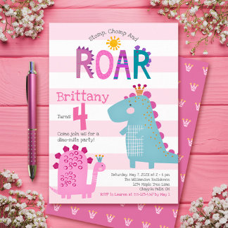 Niedlich Pink Dinosaurier Stomp Chomp Roar Girl Ge Einladung