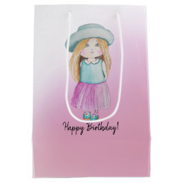 Niedlich Pink Doll Happy Birthday Watercolor Mittlere Geschenktüte
