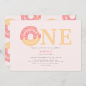 Niedlich Pink Donut Eins Geburtstag Einladung (Vorne/Hinten)