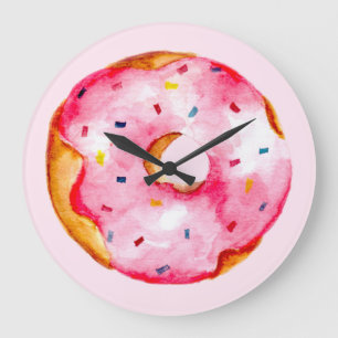 Niedlich Pink Donut Wasserfarben Regenbogen Sprink Große Wanduhr