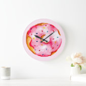 Niedlich Pink Donut Wasserfarben Regenbogen Sprink Große Wanduhr (Zuhause)