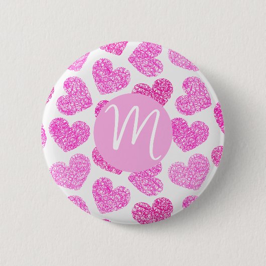 Niedlich Pink Doodled Heart Valentine's Day Monogr Button (Vorderseite)