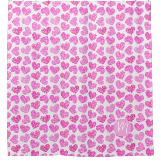 Niedlich Pink Doodled Heart Valentine's Day Monogr Duschvorhang (Vorderseite)
