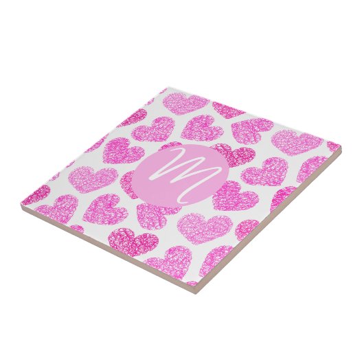 Niedlich Pink Doodled Heart Valentine's Day Monogr Fliese (Seite)