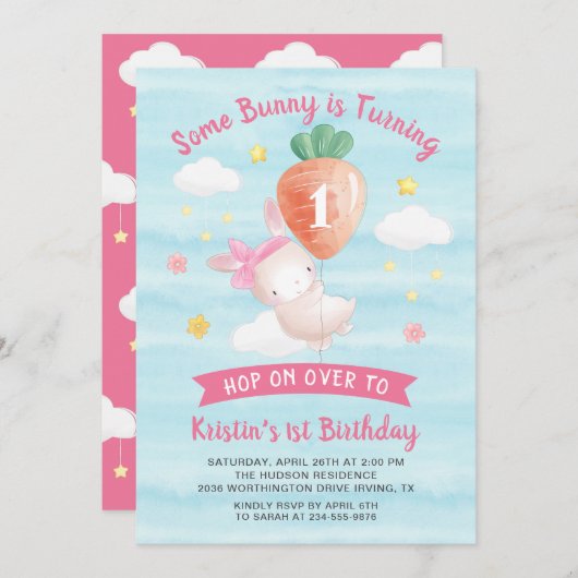 Niedlich Pink Ein bisschen Sonne beim Karrot Gebur Einladung (Vorne/Hinten)