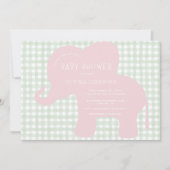 Niedlich Pink Elephant Green Gingham Baby Dusche Einladung (Vorderseite)
