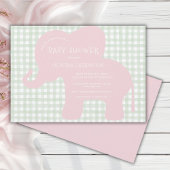 Niedlich Pink Elephant Green Gingham Baby Dusche Einladung
