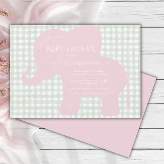 Niedlich Pink Elephant Green Gingham Baby Dusche Einladung