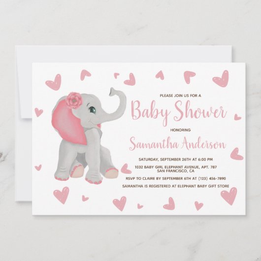 Niedlich Pink Elephant Watercolor Baby Dusche Foto Einladung (Vorderseite)