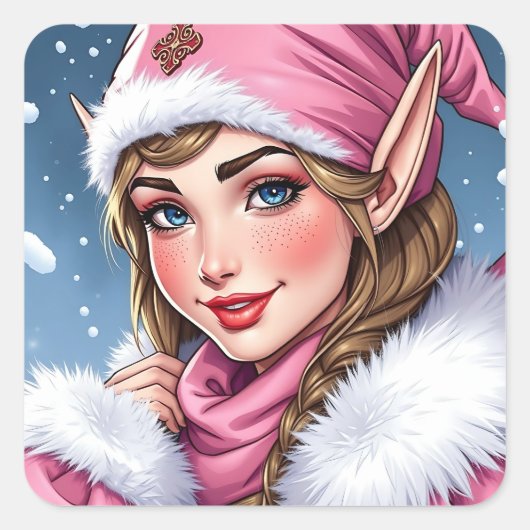 Niedlich Pink Elf Weihnachten Quadratischer Aufkleber (Vorderseite)