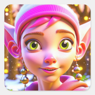 Niedlich Pink Elf Whimsisches Personalisiertes Wei Quadratischer Aufkleber