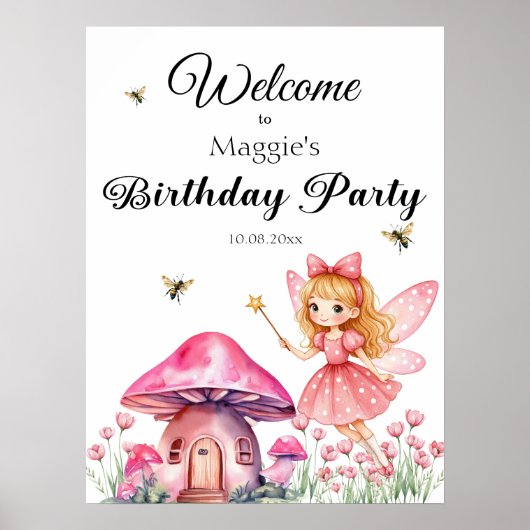 Niedlich Pink Fairy Mushrooms Geburtstagsparty Poster (Vorne)