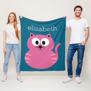 Niedlich Pink Fat Cat - Blue Background Fleecedecke