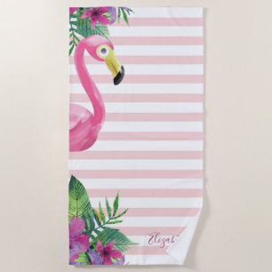 Niedlich Pink Flamingo Palm Blätter Blume Strandtuch