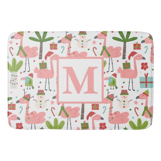 Niedlich Pink Flamingo Weihnachtsmonogramm Initial Badematte (Vorderseite)