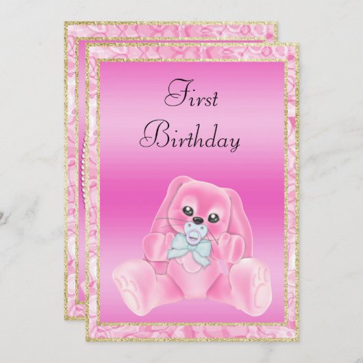 Niedlich Pink Floppy Eis Bunny First Birthday Einladung (Vorne/Hinten)