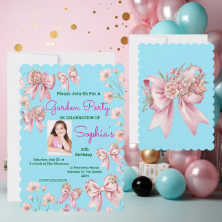 Niedlich Pink Floral Bow Girl Foto Geburtstag Einladung