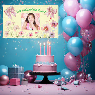 Niedlich Pink Floral Bow Girl Foto Geburtstagsbann Banner