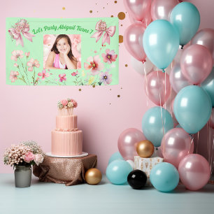 Niedlich Pink Floral Bow Girl Foto Geburtstagsbann Banner