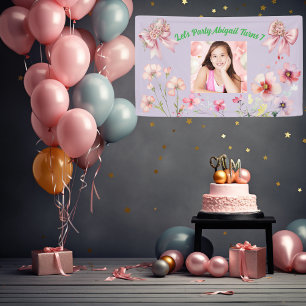 Niedlich Pink Floral Bow Girl Foto Geburtstagsbann Banner
