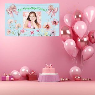 Niedlich Pink Floral Bow Girl Foto Geburtstagsbann Banner