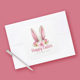 Niedlich Pink Floral Bunny Oars Happy Osterfeier Quadratischer Aufkleber
