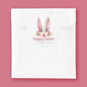 Niedlich Pink Floral Bunny Oars Happy Osterfeier Runder Aufkleber